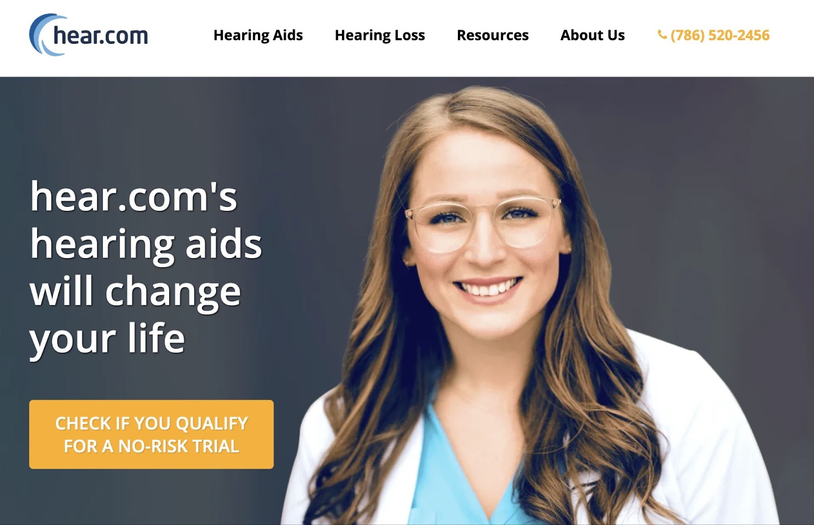 “Check if you qualify for a no-risk trial”) CTA on hear.com's website