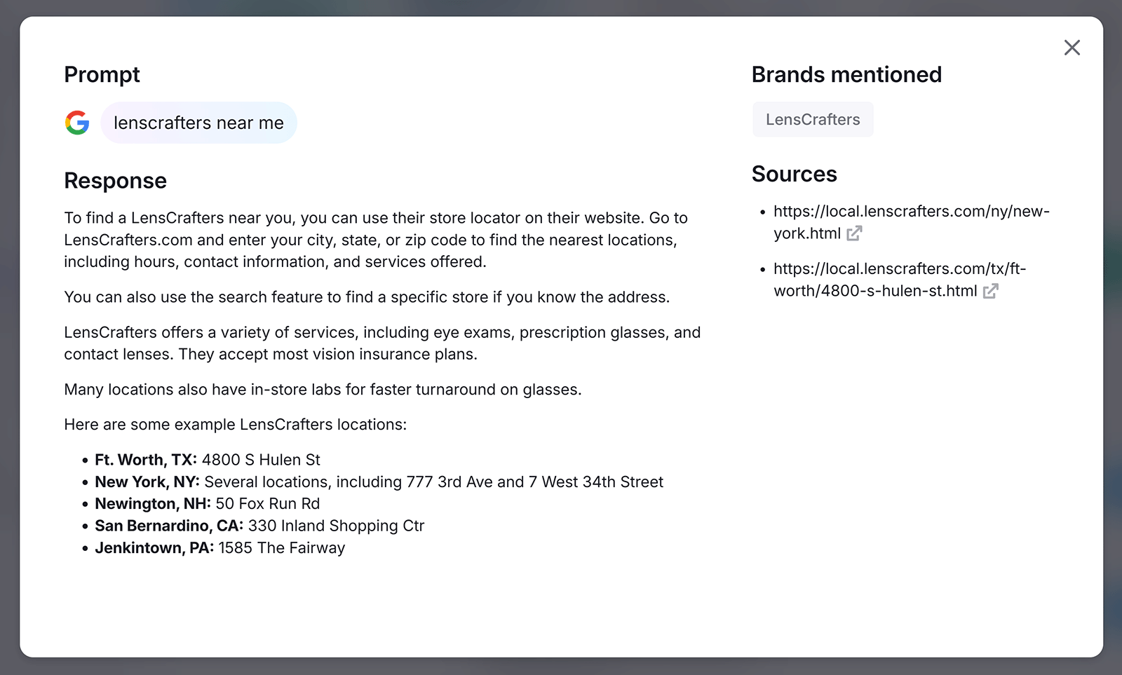 Detailed LLM response for 'lenscrafters near me' prompt with cited sources and brand mentions