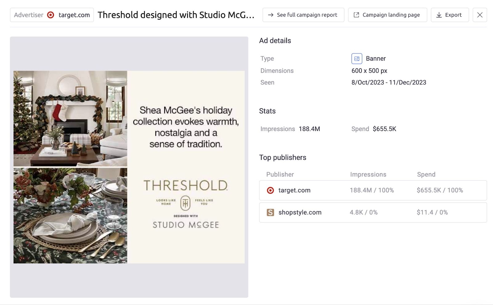 A competitor's ad page in AdClarity app