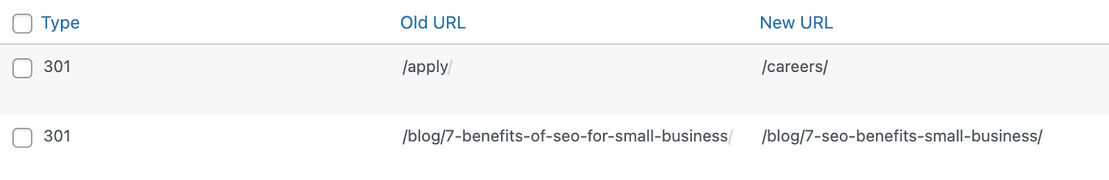 List of live redirects on Yoast SEO showing the redirect type, old URL and new URL.